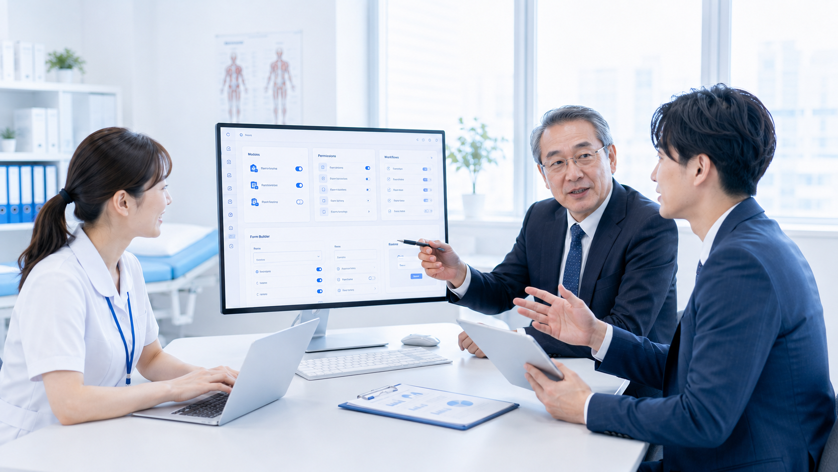院長・事務長クラスと病院名でのサービス導入を相談しているイメージ