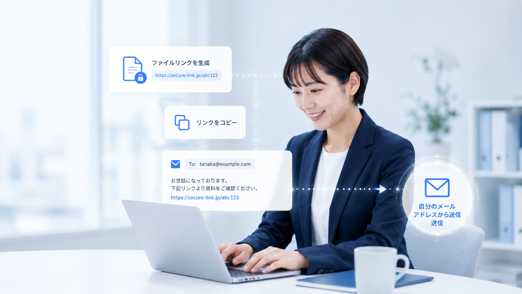 ホームページ導入後にファイルリンクを生成して案内文を送信するイメージ